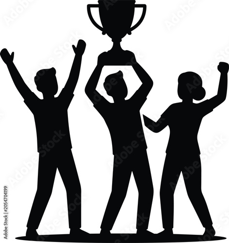 Tableau sur toile Silhouette of three people triumphantly holding up a trophy with raised arms gro