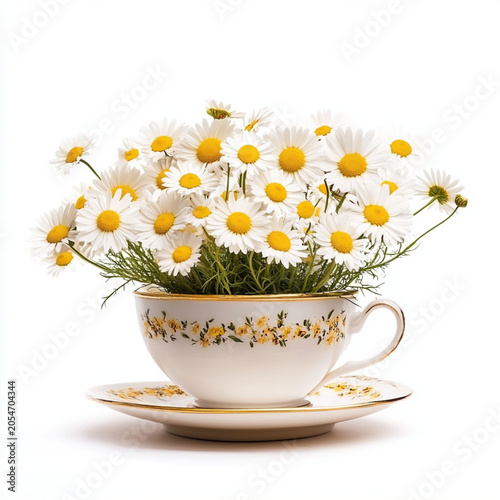 Spring Chamomile Flowers in Teacup on Wooden isolated on a transparent background.