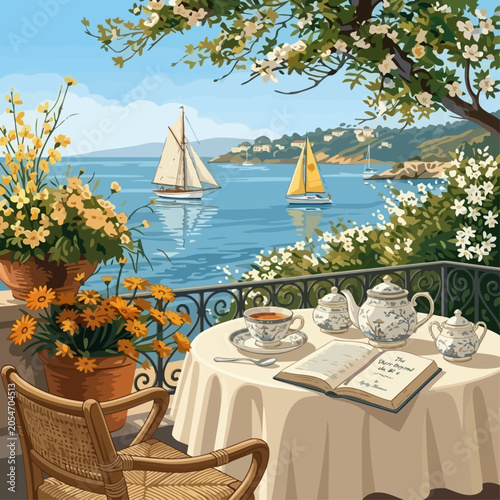 A serene table setting on a scenic terrace overlooking sailboats on a calm sea surrounded by blooming flowers and lush greenery with a good book