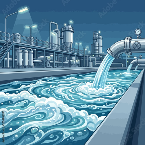 Water treatment plant process with large pipe pouring water into a pool