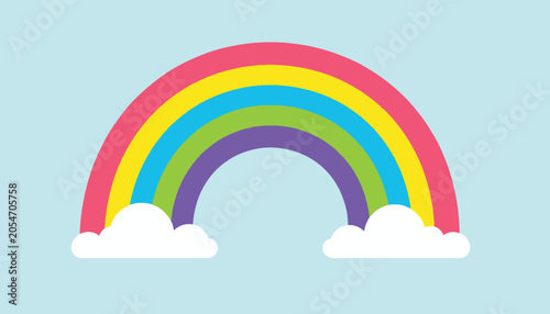 Colorful Rainbow Arching Over Fluffy White Clouds on Light Blue Background.