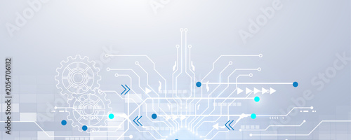 Fotografie Abstract technology background with gears and circuit board connecting lines and blue glowing dots
