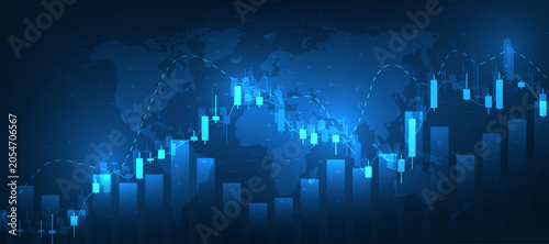Konstfotografi Stock market or forex trading graph with candlestick chart and trend lines on world map background