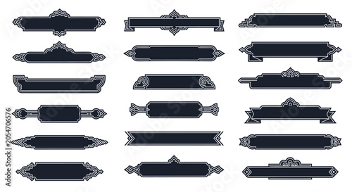 Collection of eighteen dark ornate banner and label designs with white outlines and decorative flourishes for classic branding projects.