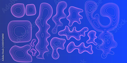 Abstract topographic shapes with glowing pink contour lines on a blue grid background