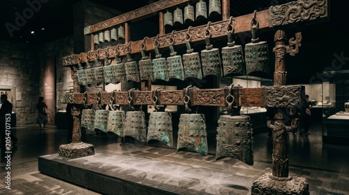 Ancient Chinese Bronze Bell Chime Set Displayed in Museum