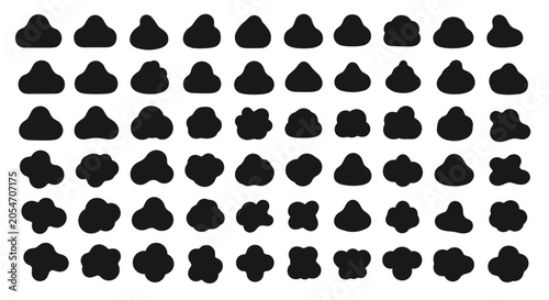Grid collection of sixty different black abstract blob shapes and irregular forms for organic graphic design and branding elements.