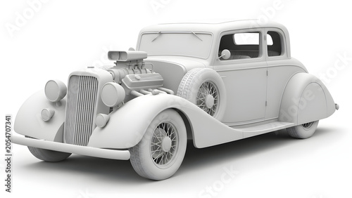 Vintage car with an exposed engine on display on a clean surface