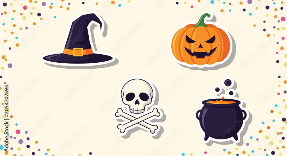 Fototapeta premium Set of halloween themed stickers featuring a witch hat carved pumpkin skull and crossbones and a bubbling magic cauldron.