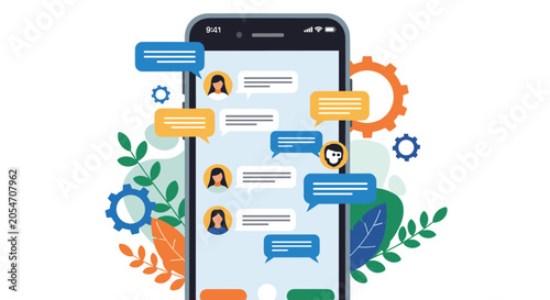 Smartphone displaying a messaging application with group chat conversations colorful bubbles and abstract floral backgrounds.