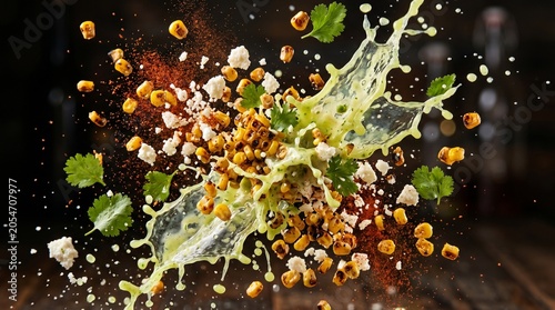 Delicious Mexican street corn ingredients dynamically splashing with a creamy green sauce.