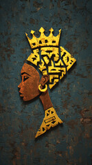 African queen in elegant gold relief with an angular crown on slate