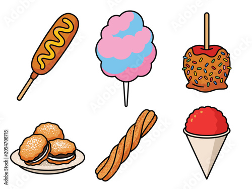 Fotografie American State Fair Street Food Clipart Set Corn Dog Cotton Candy Caramel Apple Churros Snow Cone Illustration—Vector Illustration