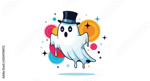 Cute cartoon ghost wearing a black top hat floats amidst a vibrant background of colorful circles and sparkling stars for Halloween.