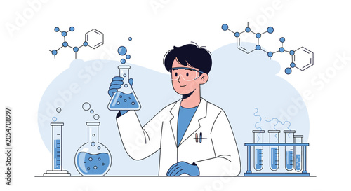 Male scientist in a white lab coat holds a chemical flask with blue liquid while surrounded by molecular structures and laboratory tools.