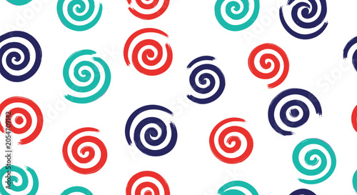 Seamless pattern of colorful paint textured swirls in red blue and teal creates a playful and artistic background on white paper.