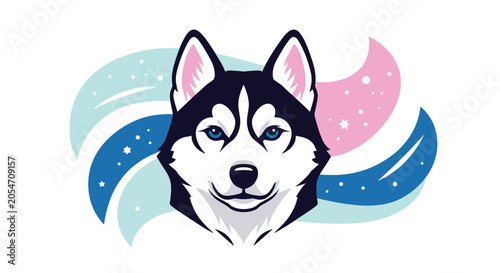 Majestic husky dog face illustration is set against a whimsical background of swirling pastel colors and twinkling white stars.