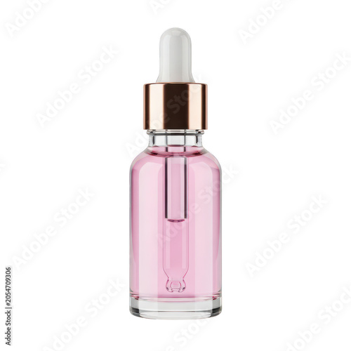 Glass dropper bottle with pink cosmetic serum fluid isolated on transparent background