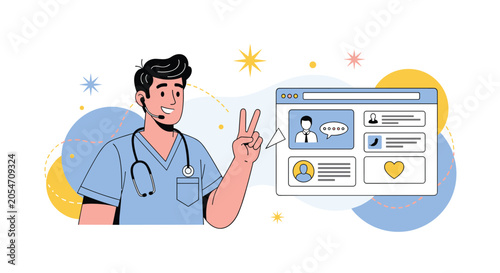 Male medical professional wearing a headset and stethoscope is shown next to an online user profile interface for telemedicine apps.