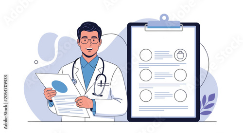 Male doctor wearing a lab coat and stethoscope holds a medical report next to a large clipboard with checklist icons for health insurance.