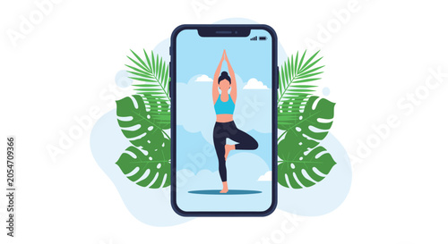 Young woman practicing yoga tree pose on a smartphone screen surrounded by tropical leaves to represent online mobile fitness applications.