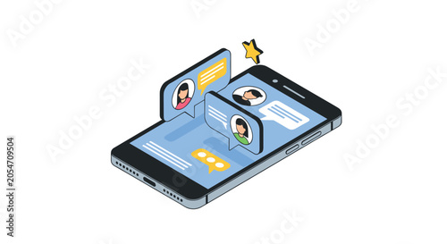 Isometric smartphone illustration showing social media chat bubbles and user profiles for digital communication and mobile messaging concepts.