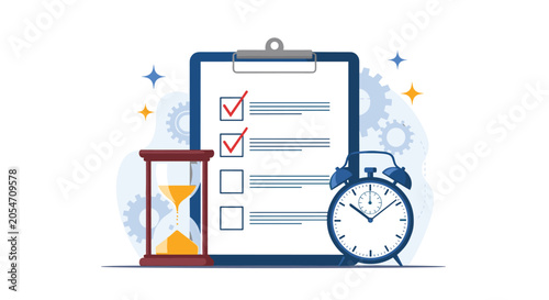 Clipboard checklist accompanied by an hourglass and alarm clock representing time management, productivity, and project deadline completion.