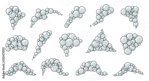 Large collection of bubble and foam clusters in various shapes and sizes suitable for cleaning, washing, and bathroom product designs.