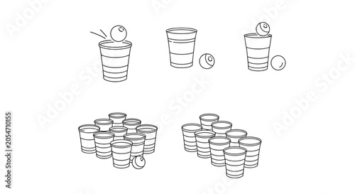 Simplified linear diagrams showing the rules and setup for playing beer pong including cup formations and ball trajectory instructions.