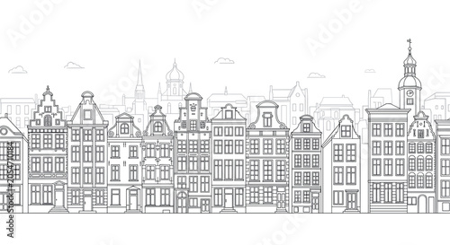 Detailed panoramic line drawing of a traditional European city skyline featuring narrow old buildings with unique gables and rooftops.