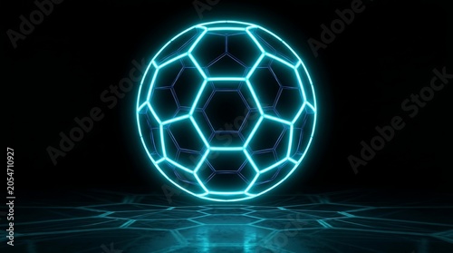 Digital art wireframe mesh render of a glowing blue futuristic high tech data soccer ball model