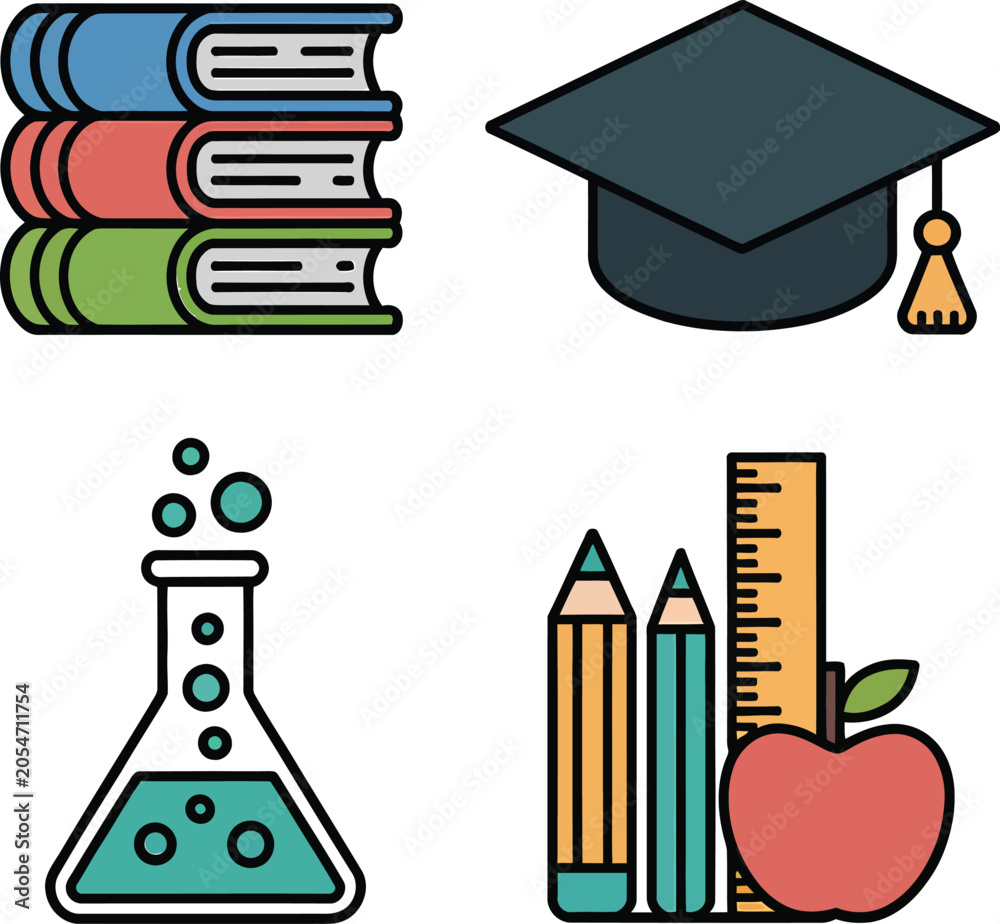 Fototapeta premium School supplies and education icons with books graduation cap flask and pencil.