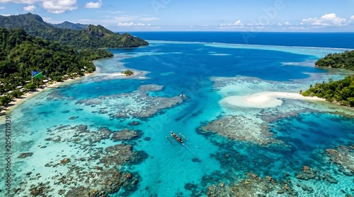 High angle aerial shot of turquoise coral reefs tropical islands and boat in Solomon Islands