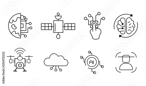 Collection of minimal line icons related to artificial intelligence, cloud computing, satellite technology, and digital innovation.