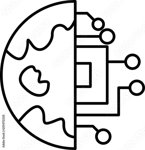 Minimal line icon combining globe and artificial intelligence concepts for global digital innovation.
