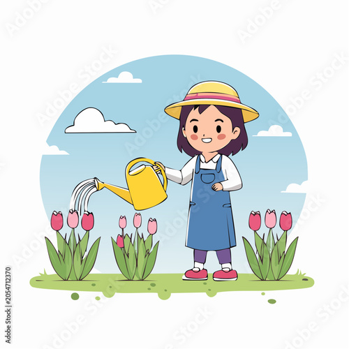 Child watering tulips in a garden