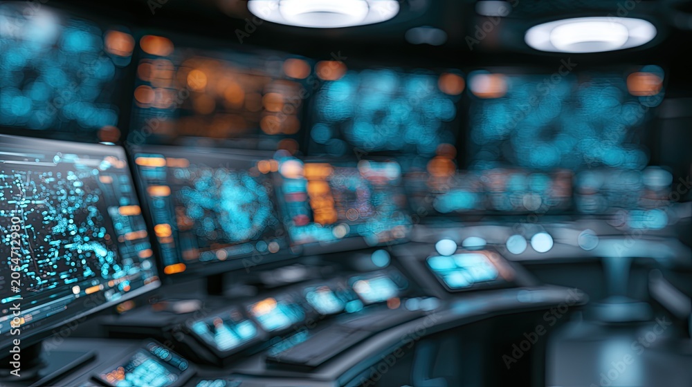 Fototapeta premium Futuristic control room filled with glowing digital displays and intricate interfaces