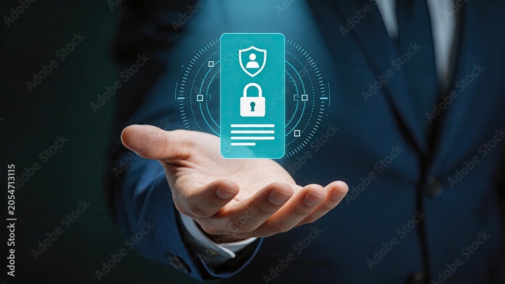 Naklejka premium Businessman hand holding futuristic cyber security icon with lock and shield symbol, digital data protection and privacy concept, network safety technology and secure information