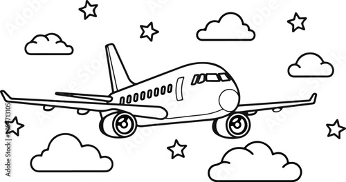 Coloring page of a flying airplane coloring book for kids with clouds and stars in the sky