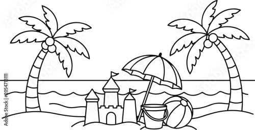 Coloring page of a beach scene coloring book for kids summer vacation tropical island fun activity