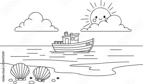 Coloring page of a boat at sea coloring book for kids ocean scene simple line art illustration
