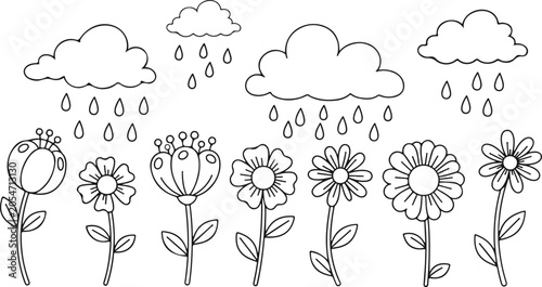 Coloring page of a rainy garden with flowers coloring book for kids