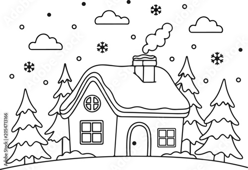 Coloring page of a snow covered house winter scene coloring book for kids