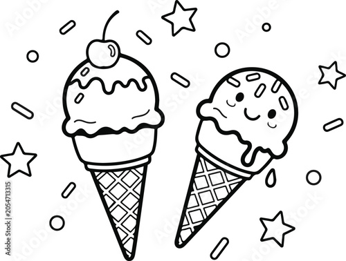 Coloring page of a ice cream cone coloring book for kids sweet treat activity summer fun illustration