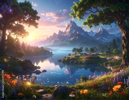 Serene landscape with a lake, mountains, and vibrant wildflowers at sunset