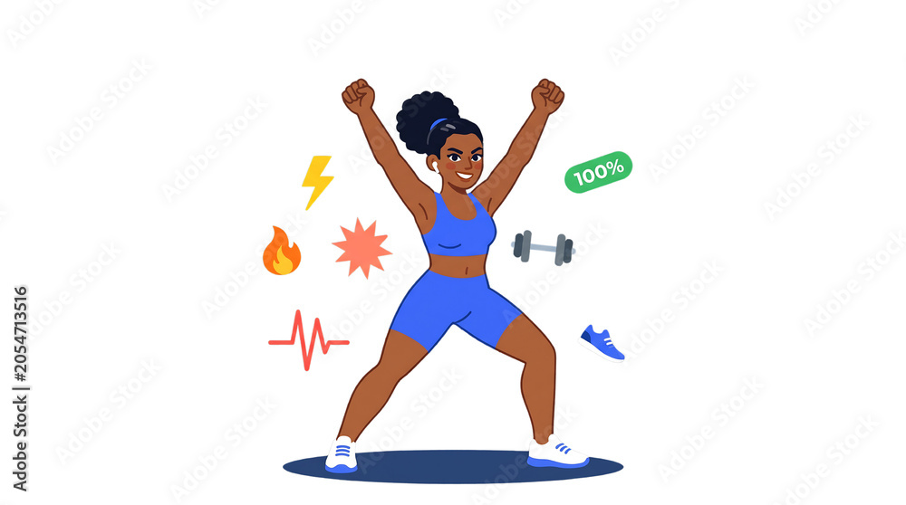 Fototapeta premium A woman in blue workout clothes celebrating with her arms raised in the air isolated on transparent background