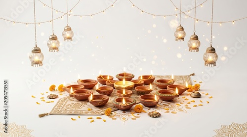 Diwali festival celebration with traditional oil lamps and hanging lanterns