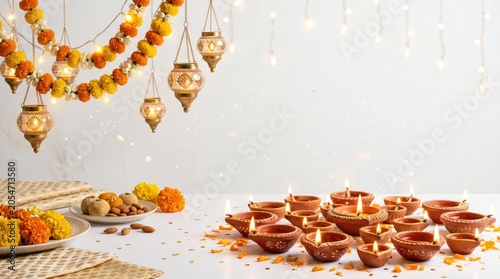 Diwali festival background with traditional oil lamps and marigold flowers