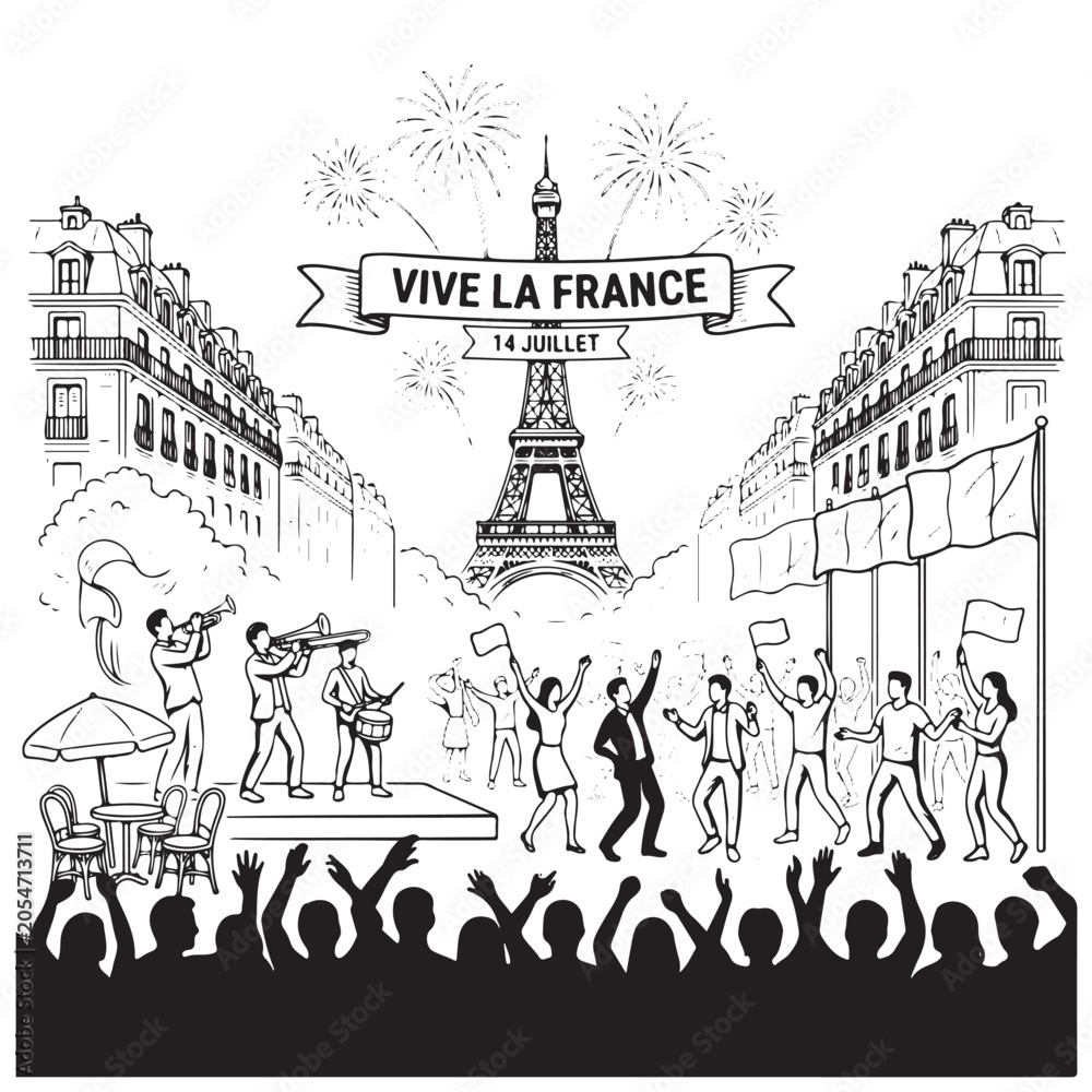 Obraz premium France Bastille Day July 14 Paris Street Celebration Bold Silhouette Line Art Vector Illustration