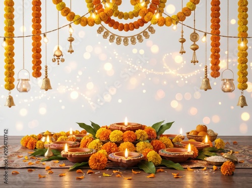 Diwali festival background with traditional oil lamps and marigold flowers